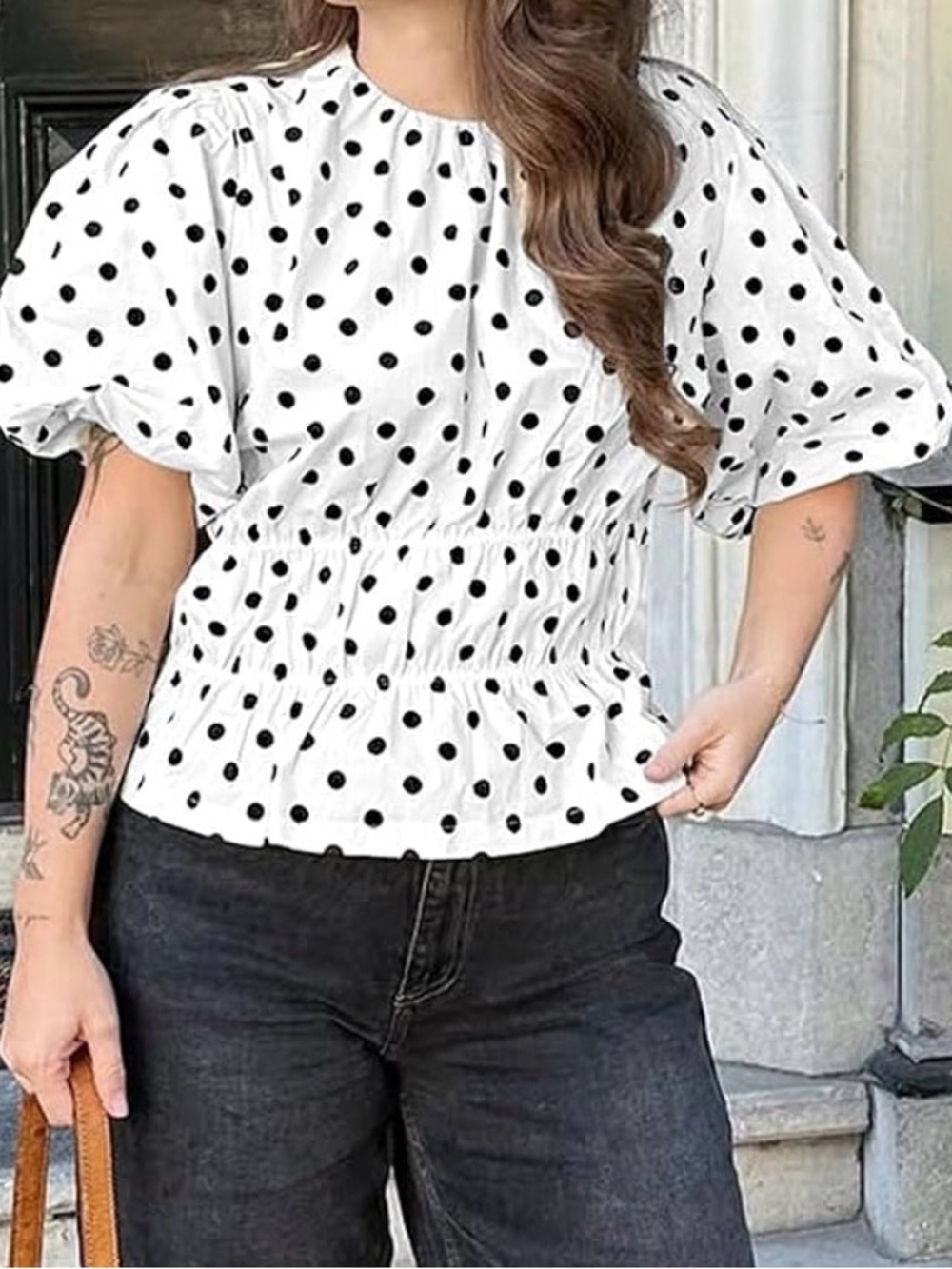 Polka Dot Puff-Sleeve Blouse in White/Black — Feminine Gathered Waist